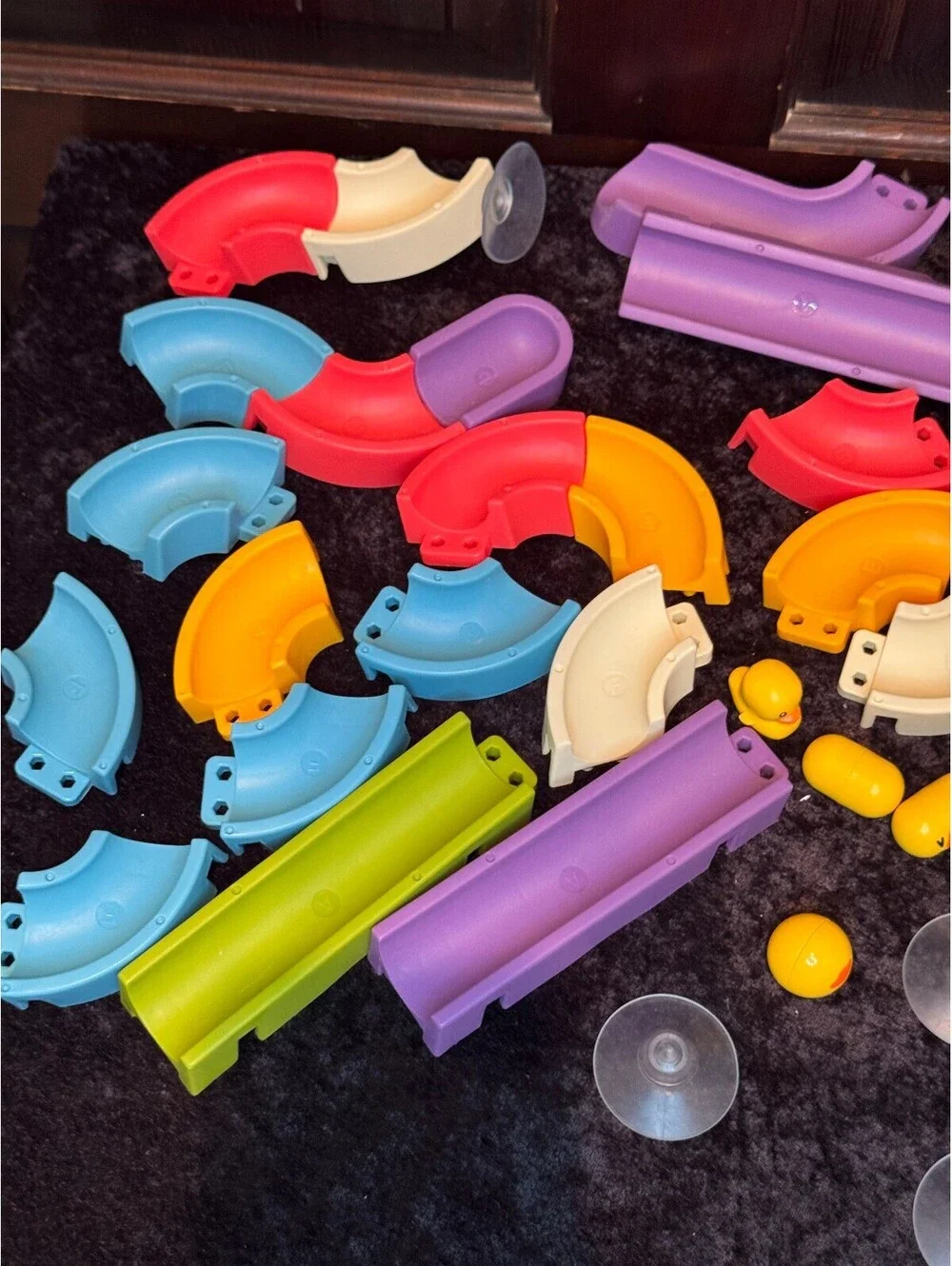 Colorful Modular Plastic Bath Track Pieces with Suction Cups and Duck Figures